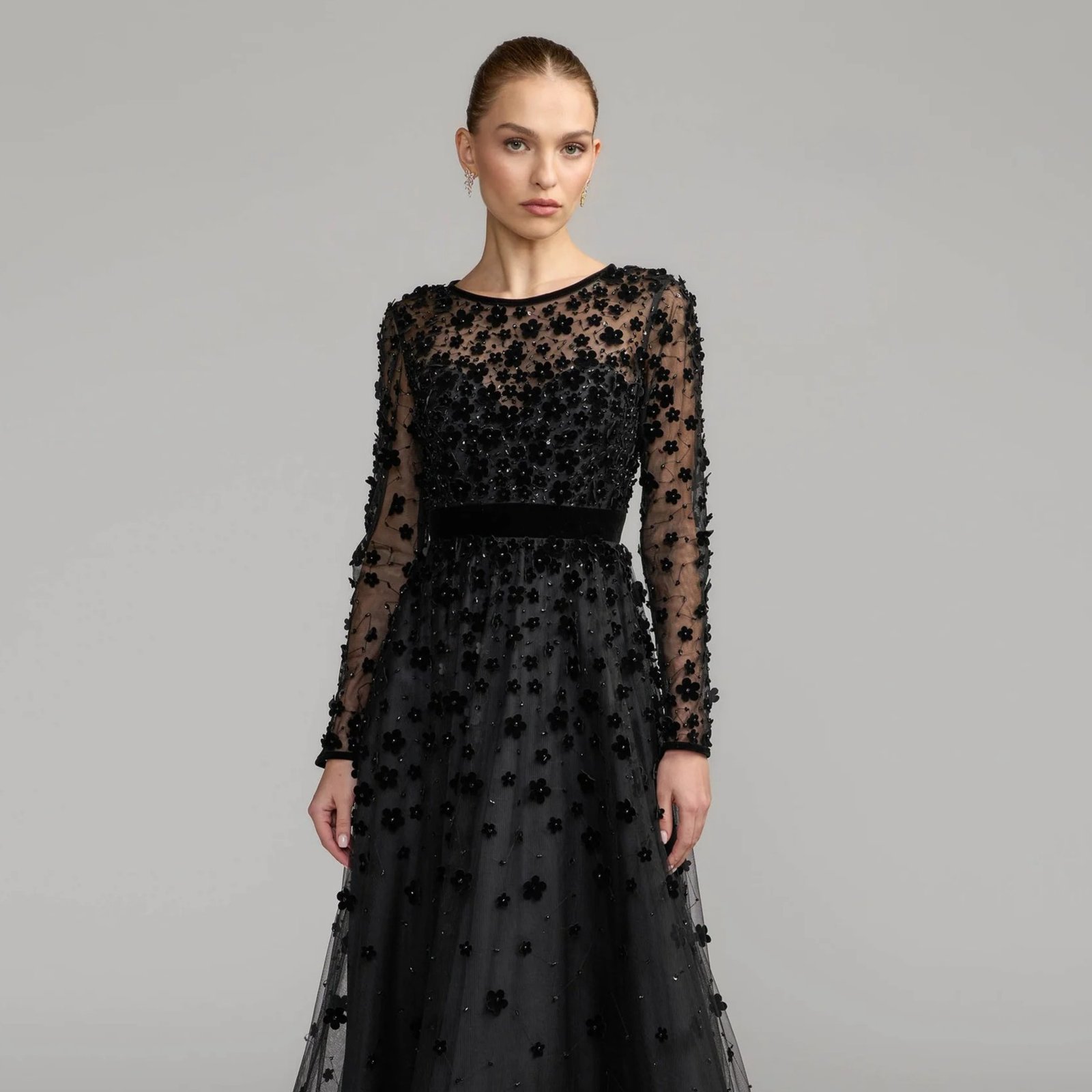 Black Velvet Floral Appliqué Midi Dress