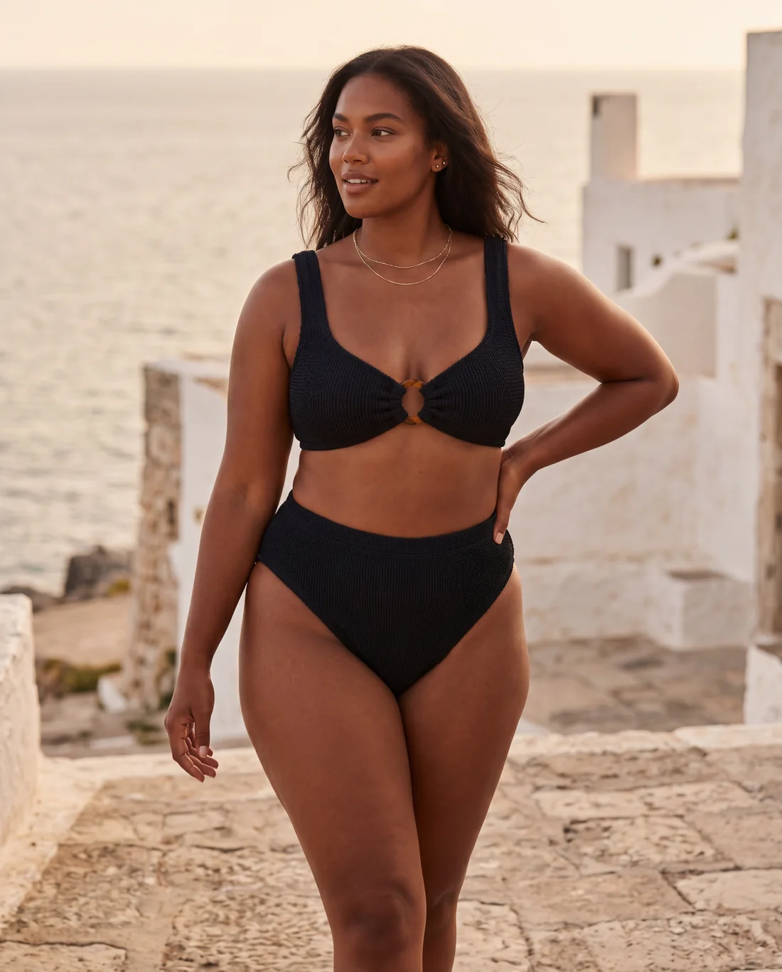 One Size Crinkle Bikini Set (Portofino Top, High-Waisted Bottoms)