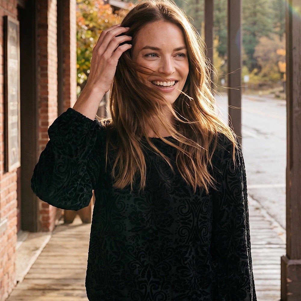 Blouson Sleeve Velvet Burnout Boatneck Top