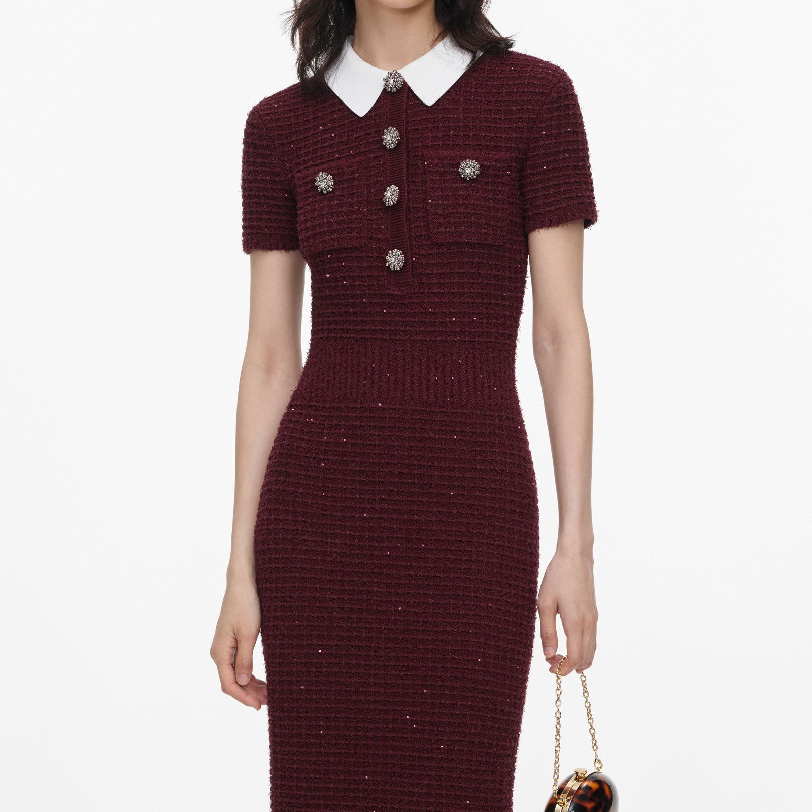 Self-Portrait Burgundy Textured Knit Midi Dress
