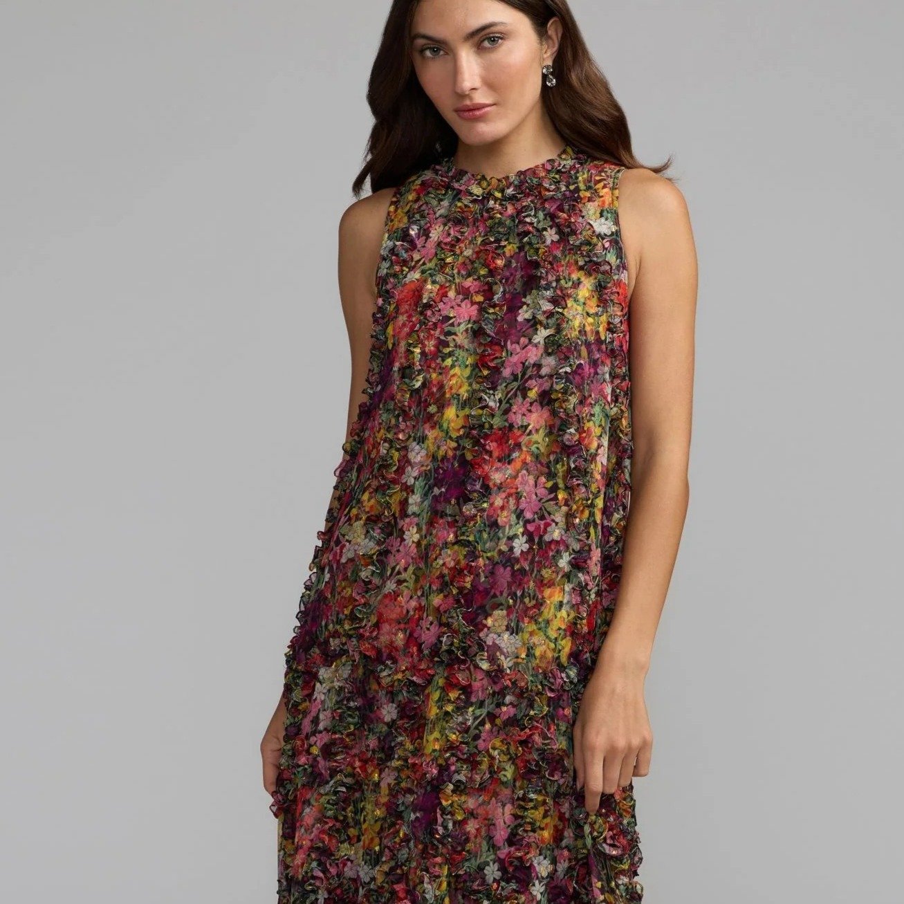 Black Multi Sleeveless Floral Micro Ruffle Trapeze Midi Dress