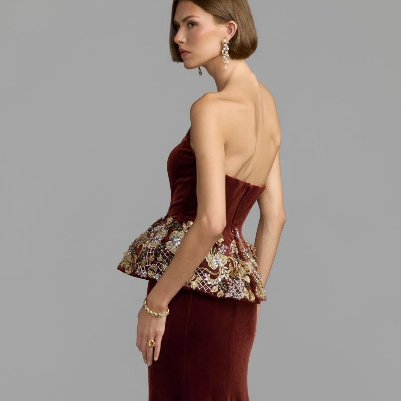 Cognac Strapless Embellished Velvet Peplum Gown